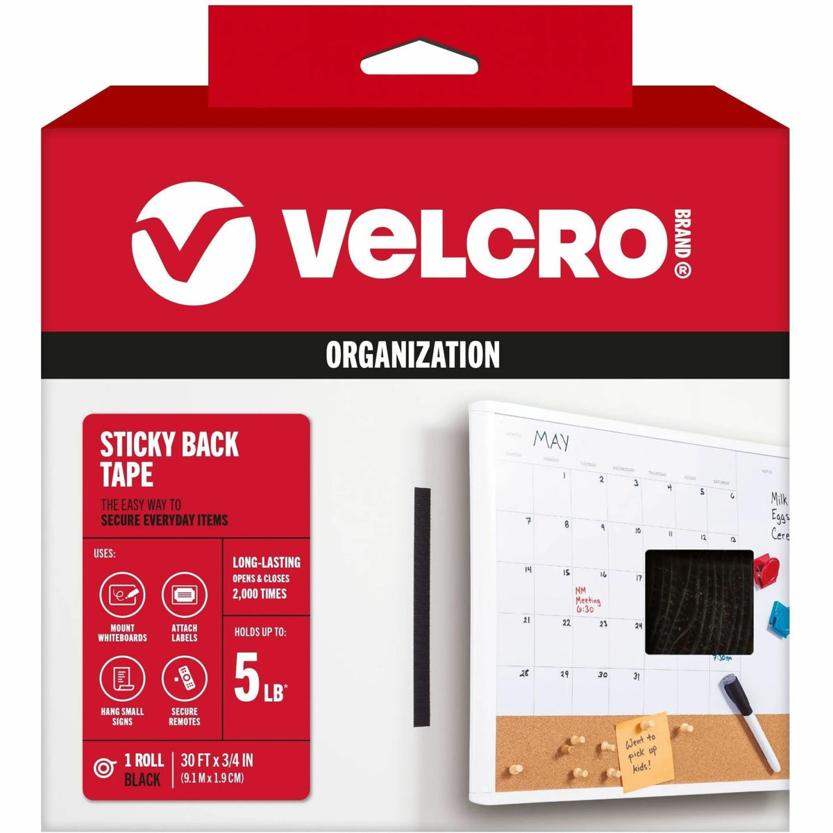 VELCRO® Sticky Back 30ft x 3/4in Roll Black - Multi-Surface Hanging Solution - Hook & Loop