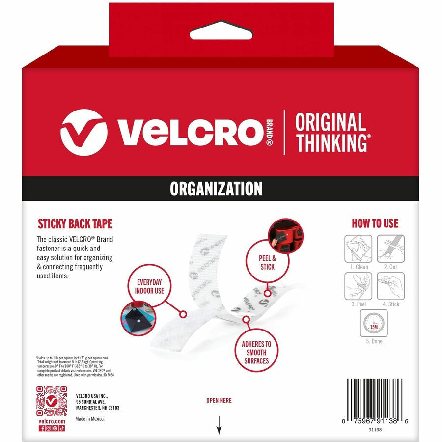 VELCRO® Sticky Back 30ft x 3/4in Roll White - 10 yd Length 0.75’’ Width - For Mount Picture/Poster Multi Surface Home
