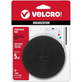 VELCRO® Sticky Back 5ft x 3/4in Roll Black - 5 ft Length 0.75’’ Width - Dispenser Included - Hook & Loop
