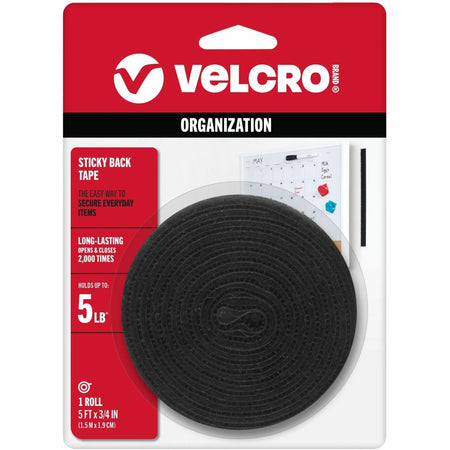 VELCRO® Sticky Back 5ft x 3/4in Roll Black - Multipurpose Indoor/Outdoor Fastening - Hook & Loop