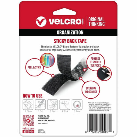 VELCRO® Sticky Back 5ft x 3/4in Roll Black - Multipurpose Indoor/Outdoor Fastening - Hook & Loop
