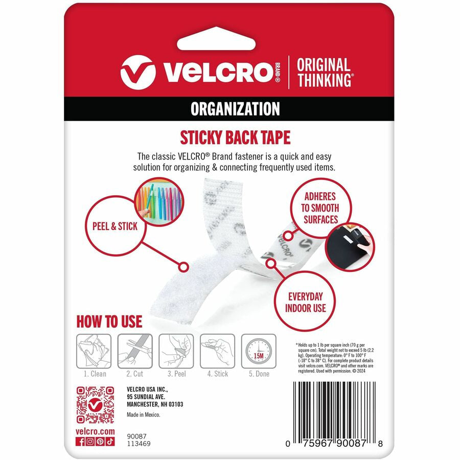 VELCRO® Sticky Back 5ft x 3/4in Roll White - 5 ft Length 0.75’’ Width - Dispenser Included - Hook & Loop