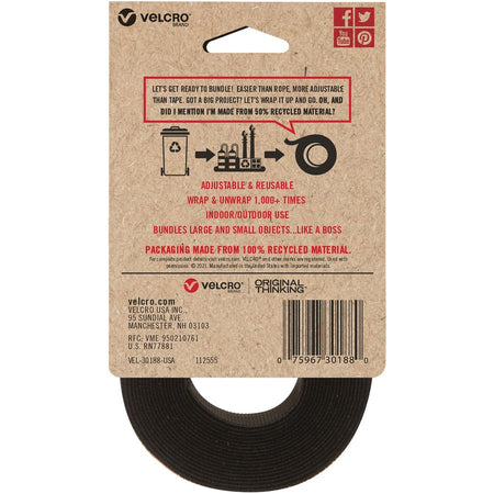 VELCRO&reg; Strap,Adjustable,Reusable,Recycled,1"x10',Black - Rear