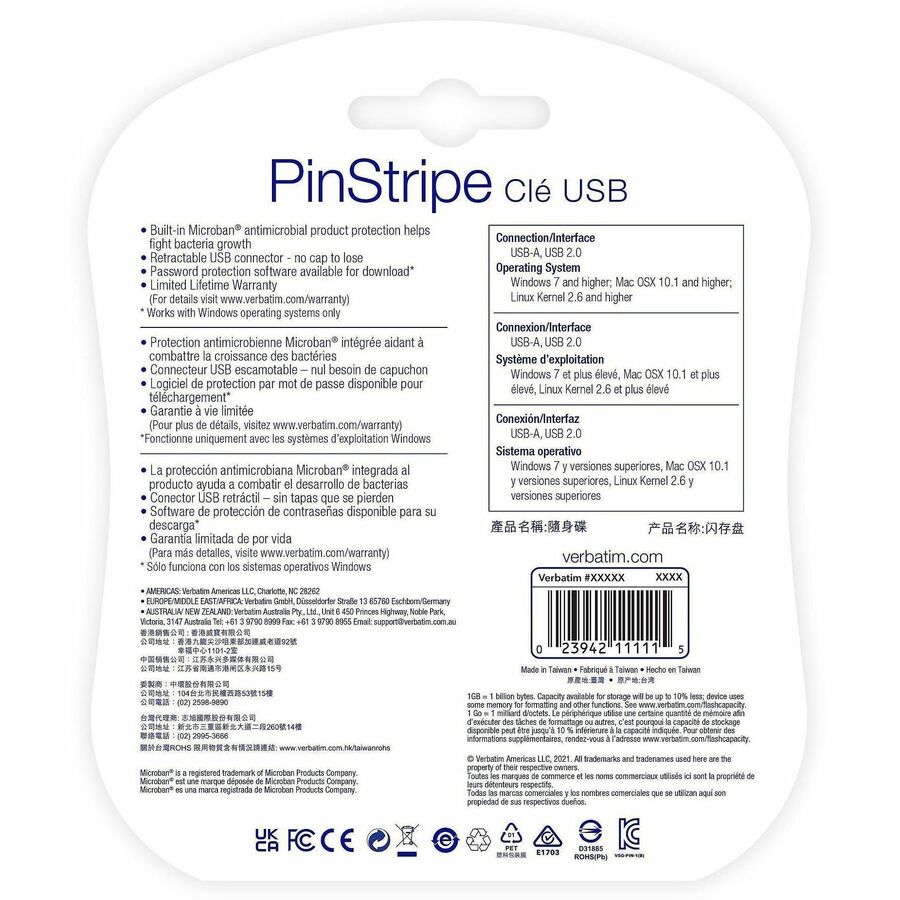 Verbatim 32GB PinStripe USB 2.0 Flash Drive - 5 PK - Rear