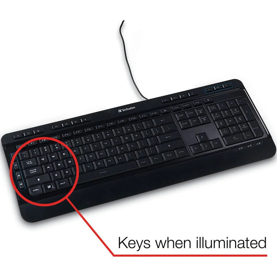 Verbatim Illuminated Wired Keyboard - USB Type A Interface - Media Player Hot Key - Black - Keyboards & Mice