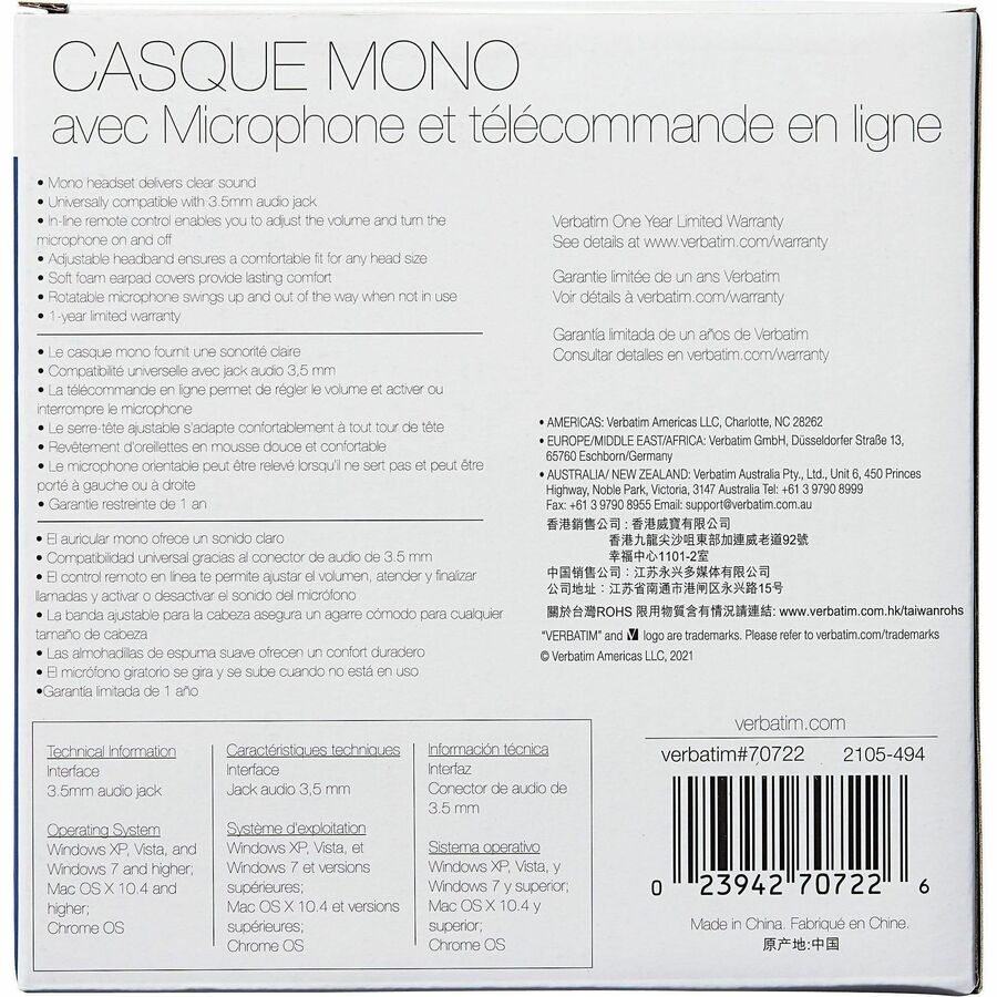 Verbatim Mono Headset with Microphone and In-Line Remote - Rear