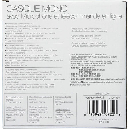 Verbatim Mono Headset with Microphone and In-Line Remote - Rear