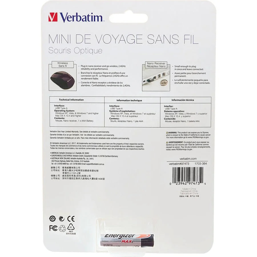 Verbatim Nano Travel Mouse: Wireless Optical Purple - 1600 dpi - Computer / Laptop Accessories