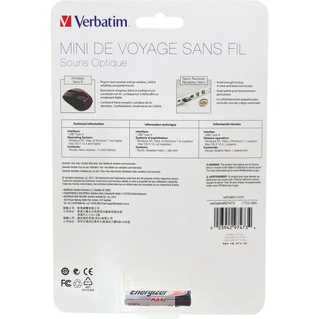 Verbatim Nano Travel Mouse: Wireless Optical Purple - 1600 dpi - Computer / Laptop Accessories
