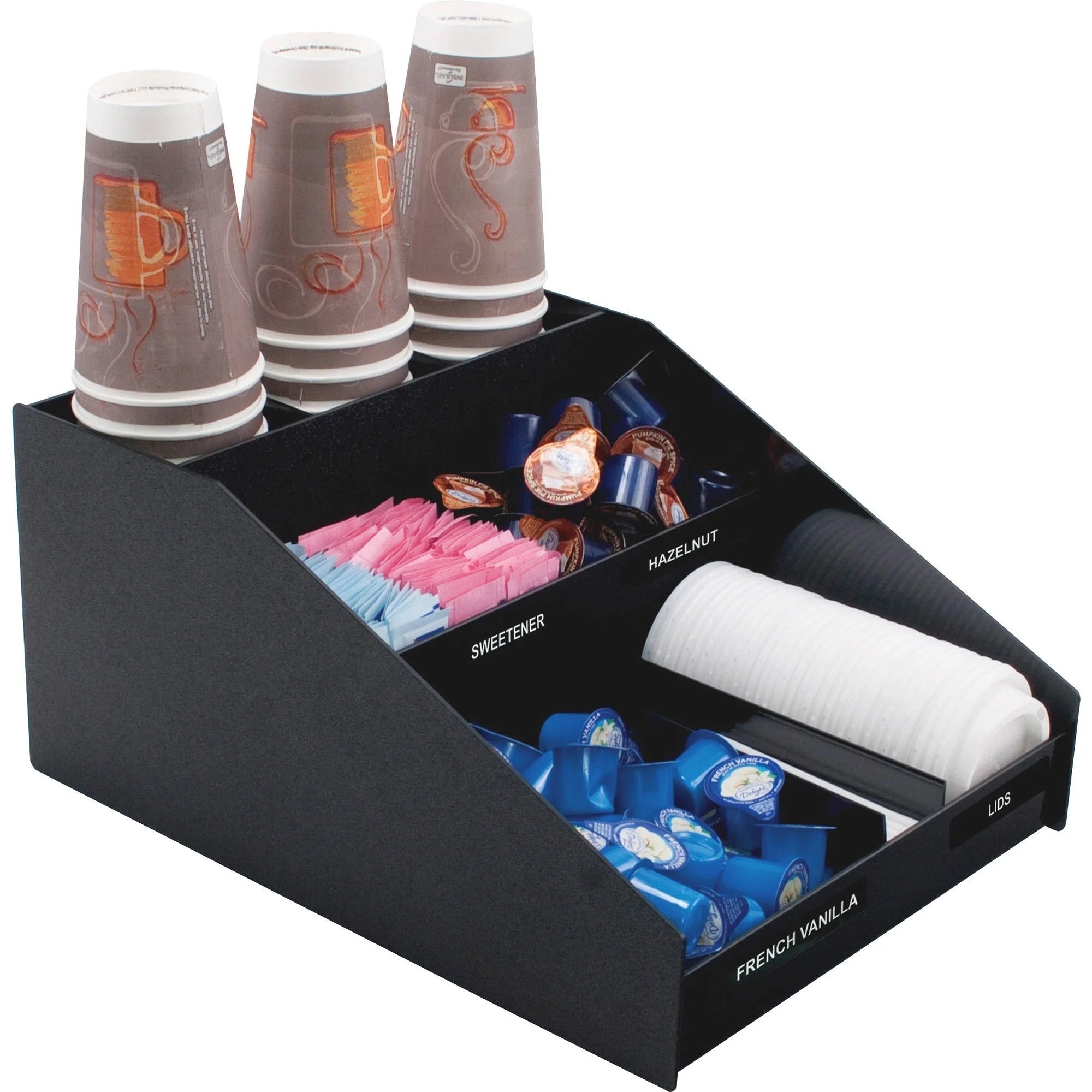 Vertiflex Condiment Organizer: 9 Compartments 6 Dividers - Desktop Chip Resistant - Black - Breakroom Organizers