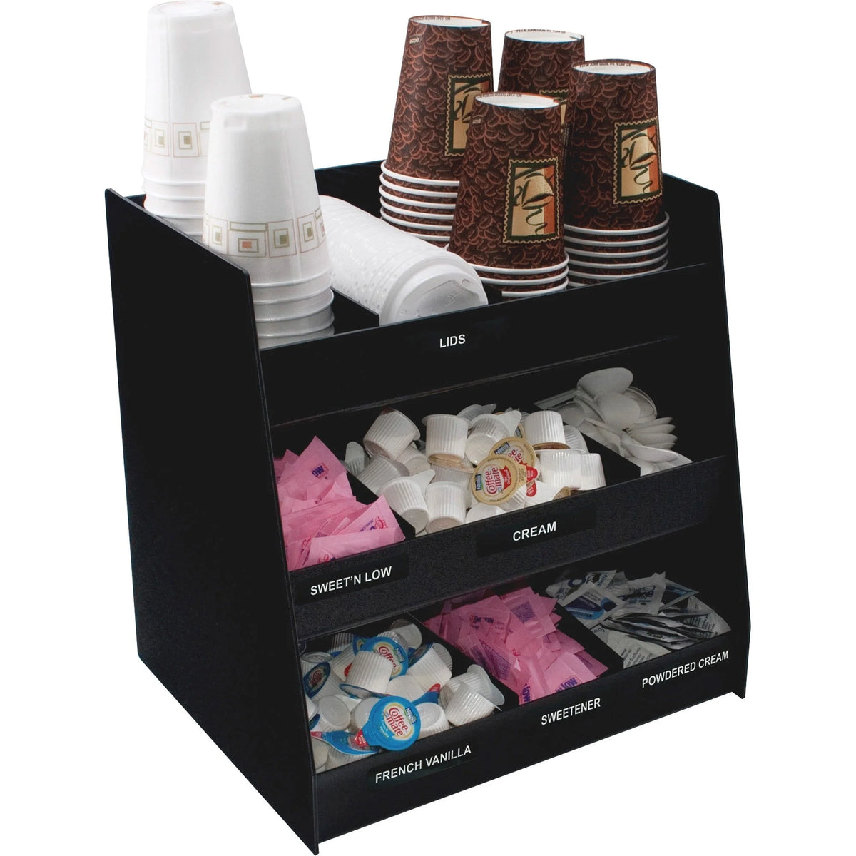 Vertiflex Vertical 3-Shelf Condiment Organizer - Neatly Store Condiments - Black - Breakroom Organizers