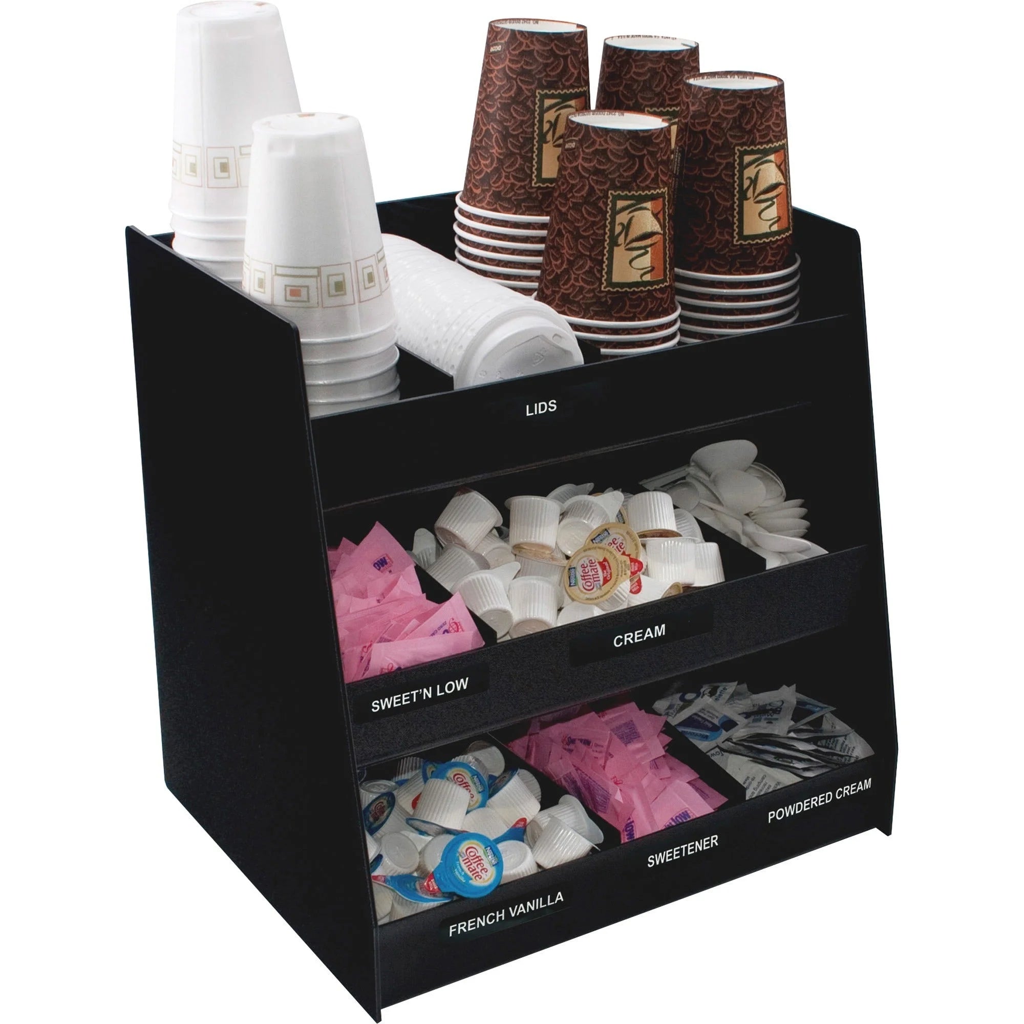 Vertiflex Vertical 3-Shelf Condiment Organizer - Neatly Store Condiments - Black - Breakroom Organizers