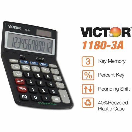 Victor 11803A Business Calculator - 12-Digit LCD Display - Battery/Solar Powered - Calculators