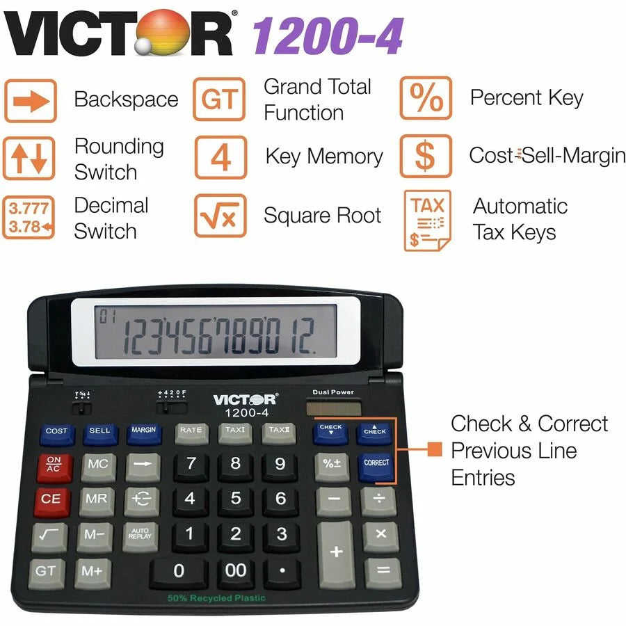 Victor 12004 Desktop Calculator - Big Display Dual Power - 12 Digits - Black - Calculators