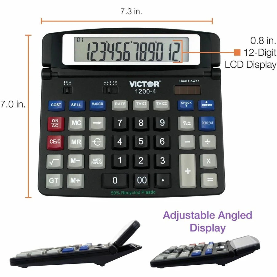 Victor 12004 Desktop Calculator - Big Display Dual Power - 12 Digits - Black - Calculators