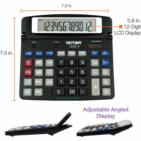 Victor 12004 Desktop Calculator - Big Display Dual Power - 12 Digits - Black - Calculators