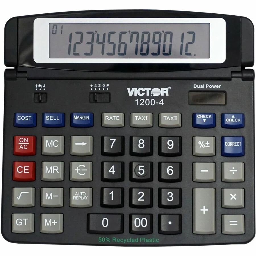 Victor 12004 Desktop Calculator - Big Display Dual Power - 12 Digits - Black - Calculators