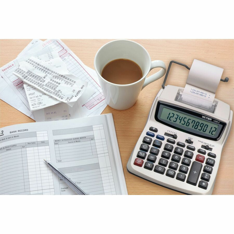 Victor 12082 Printing Calculator - Large Display Clock Date Environmentally Friendly - White - Calculators