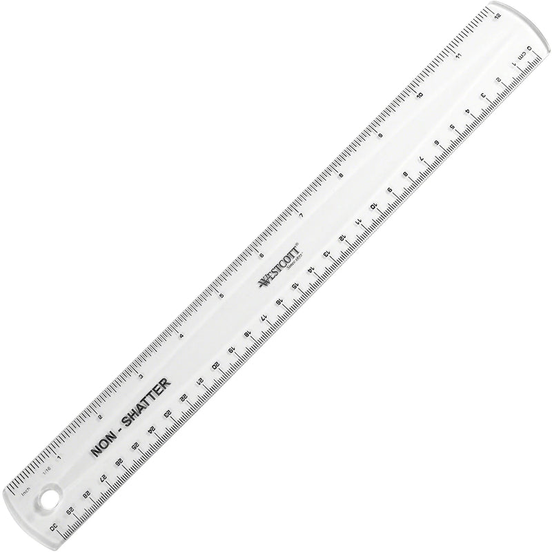 Westcott 12’’ Shatterproof Ruler - Clear Plastic - Imperial & Metric - 1/16 Graduations - Rulers