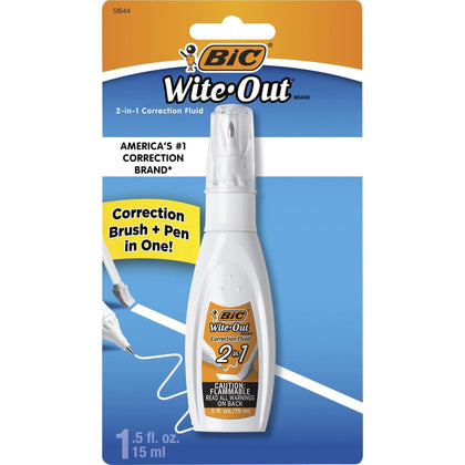 Wite-Out 2-in-1 Correction Fluid - Tip & Brush Applicator - 15mL White - Quick Drying - Supplies