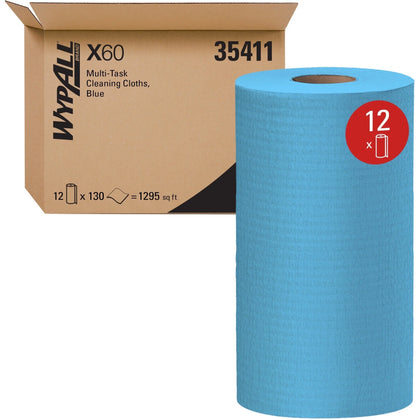 Wypall General Clean X60 Cleaning Cloths - Absorbent Reinforced Durable - Blue - 130/Roll - Sponges Pads & Wipers