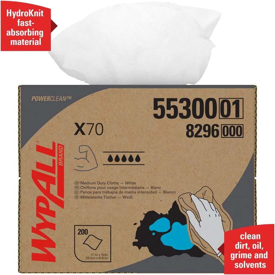 Wypall Power Clean X70 Cloths: Medium Duty 11.10’’ x 16.80’’ White - 200/Carton - Sponges Cleaning Pads & Wipers