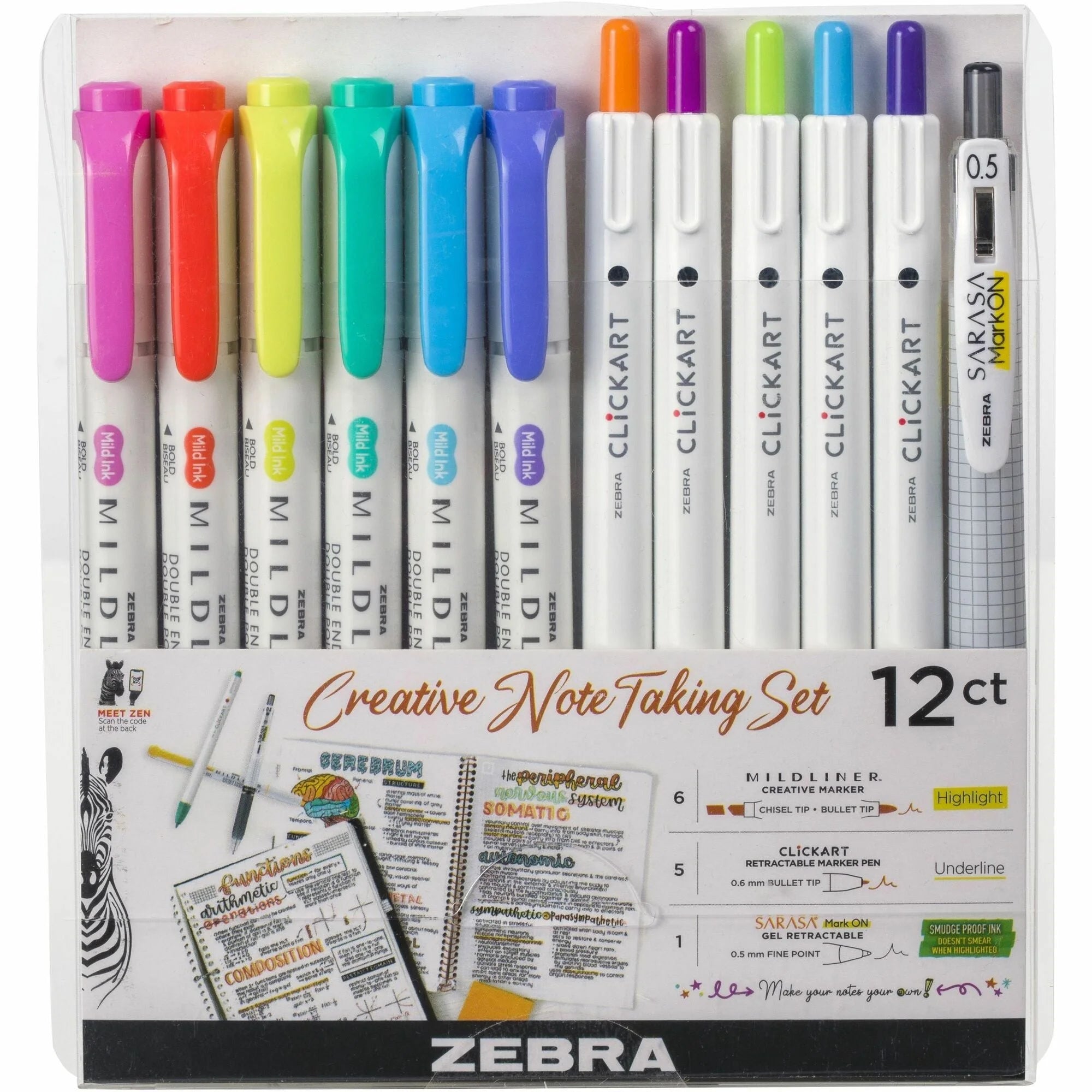 Zebra Creative Note Taking Set: Fine Pen Marker and Gel Ink - 12 Pack - Markers & Dry-Erase