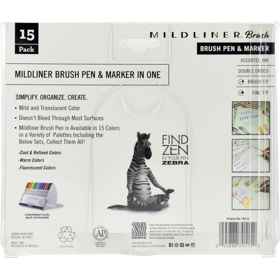 Zebra MILDLINER Brush Pen & Marker Set - Dual Ended - Assorted Ink - 15 Pack - Art Markers