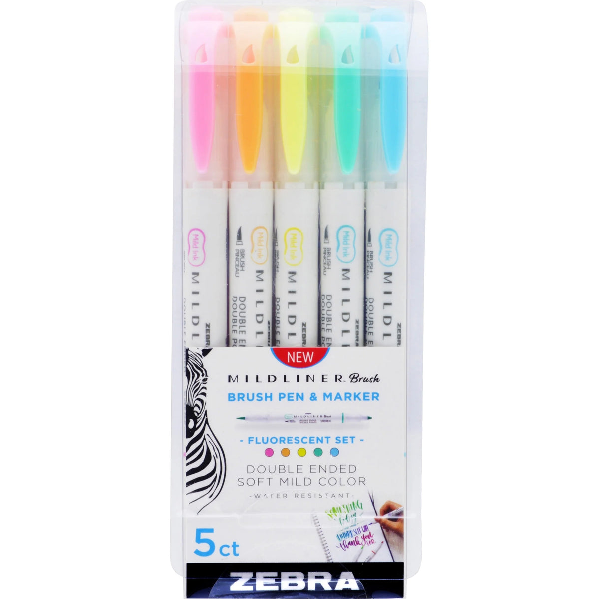 Zebra MILDLINER Dual Ended Brush Pen & Marker Set - Vibrant Fluorescent Colors - 5-Pack - Art Markers