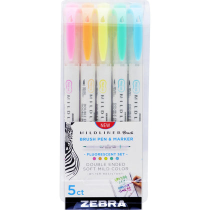 Zebra MILDLINER Dual Ended Brush Pen & Marker Set - Vibrant Fluorescent Colors - 5-Pack - Art Markers