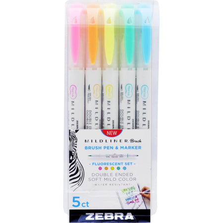 Zebra MILDLINER Dual Ended Brush Pen & Marker Set - Vibrant Fluorescent Colors - 5-Pack - Art Markers