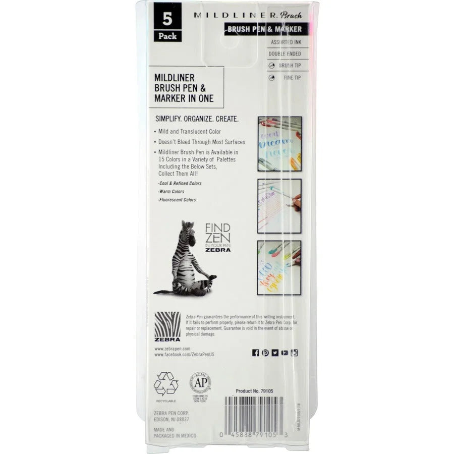Zebra MILDLINER Dual Ended Brush Pen & Marker Set - Vibrant Fluorescent Colors - 5-Pack - Art Markers