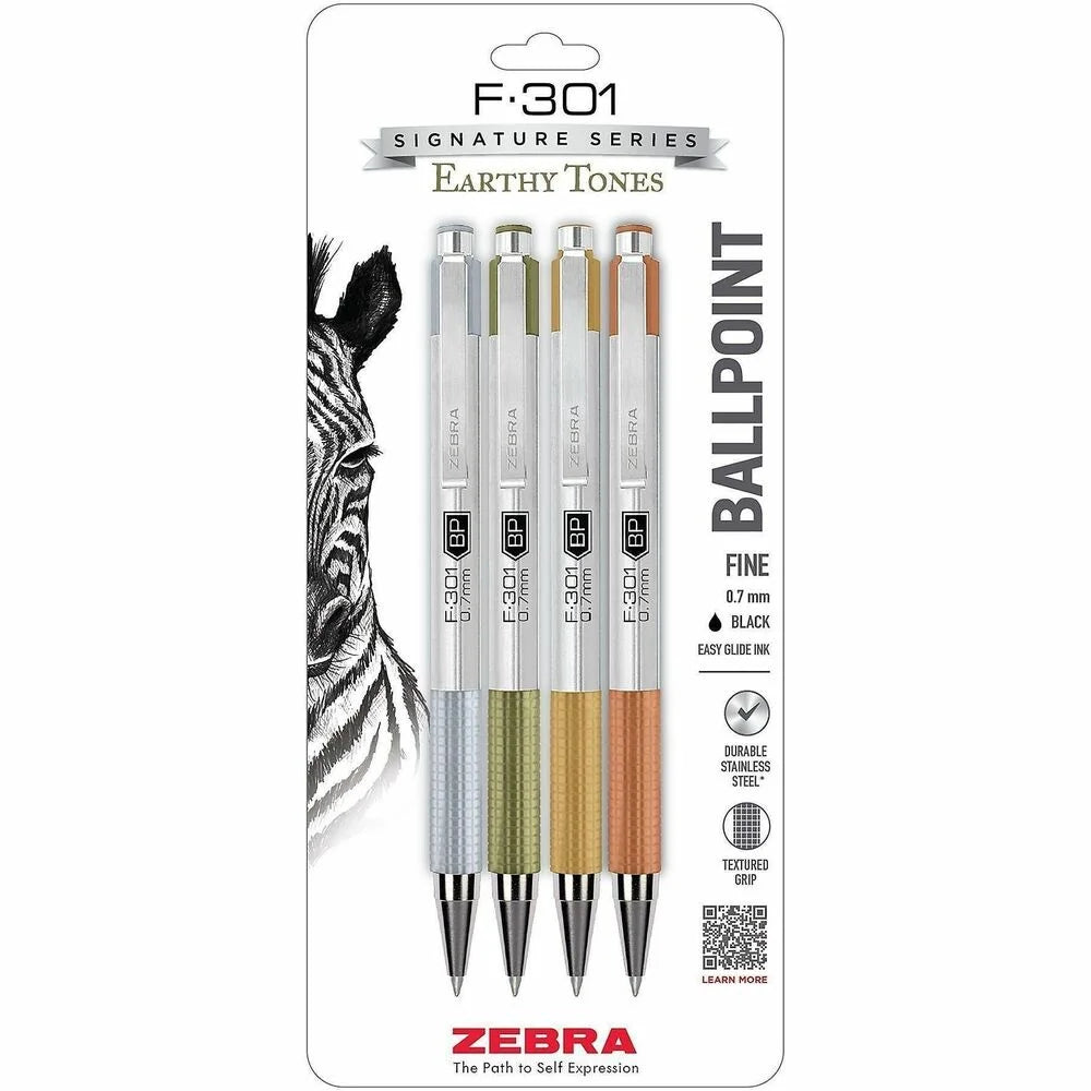 Zebra Pen F-301 EarthyTones Ballpoint Pens - Refillable Retractable - Black Ink - Stainless Steel Barrel - 4 Pack