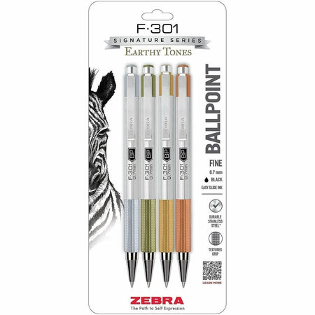 Zebra Pen F-301 EarthyTones Ballpoint Pens - Refillable Retractable - Black Ink - Stainless Steel Barrel - 4 Pack