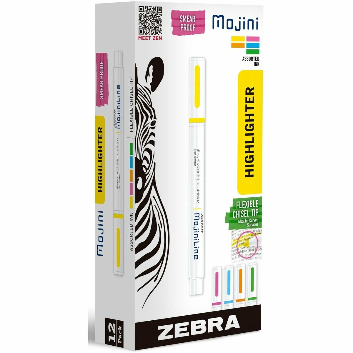 Zebra Pen Mojini Highlighters - Assorted Ink Water-Based - 4mm Chisel Tip - 1 Dozen