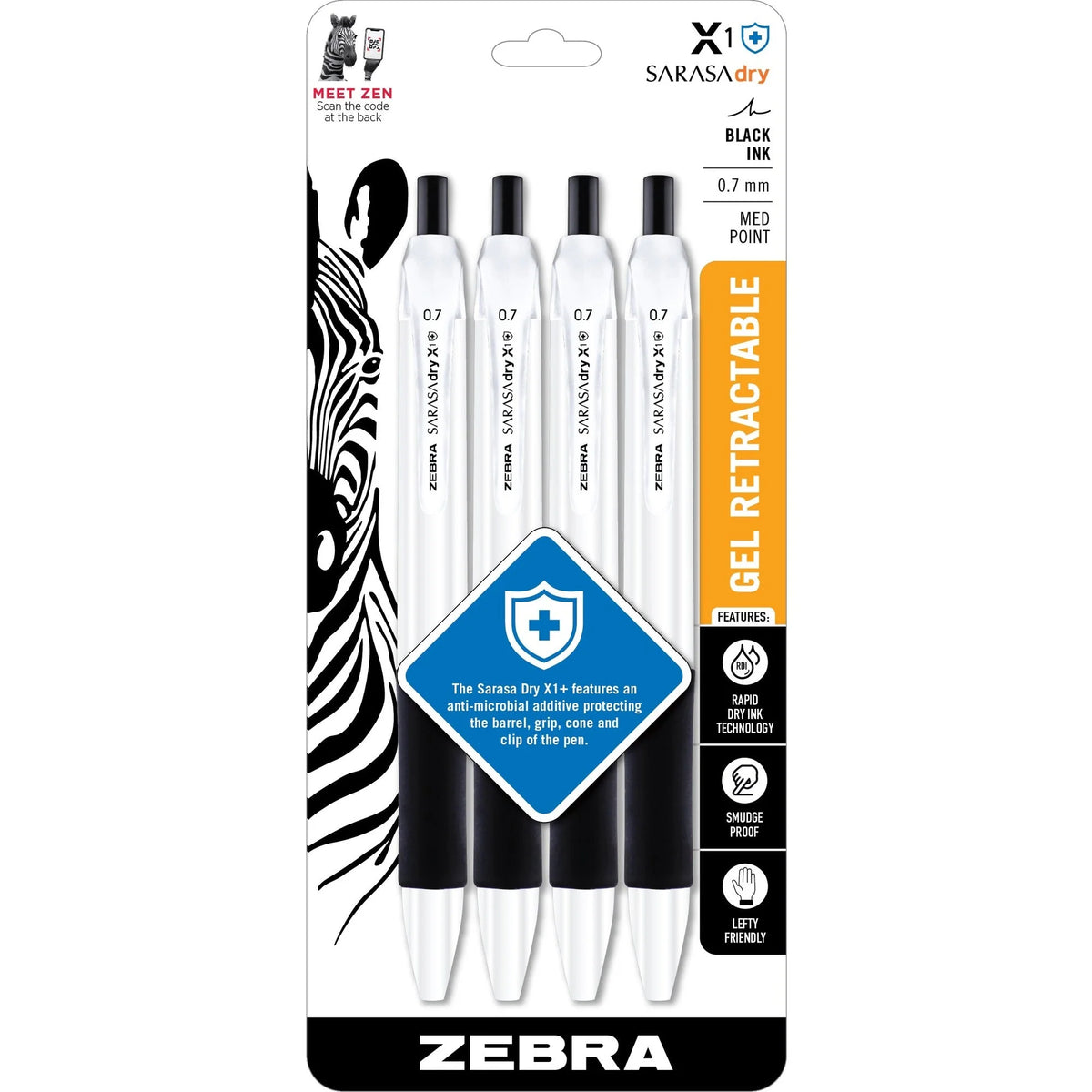 Zebra Pen SARASA dry X1+ Gel Retractable Antimicrobial - 0.7mm Medium Point - Black Ink - 4 Pack - Pens