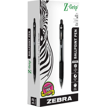 Zebra Pen Z-Grip Ballpoint Pens - 0.7mm Black Ink - 1 Dozen