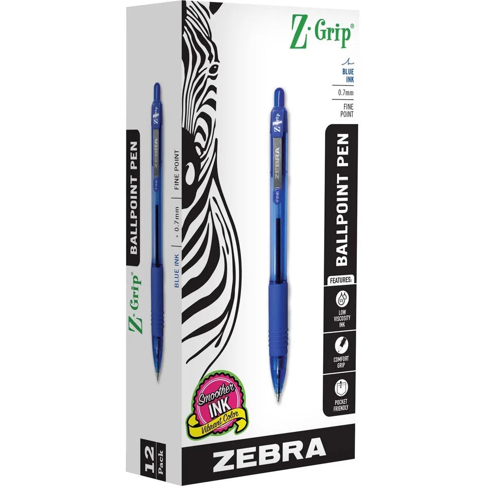 Zebra Pen Z-Grip Ballpoint Pens - 0.7mm Blue Ink - 1 Dozen