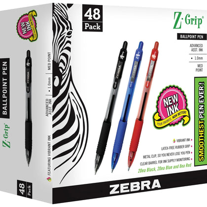 Zebra Pen Z-Grip Ballpoint Pens - Medium Point - Assorted Ink - 48 Pack