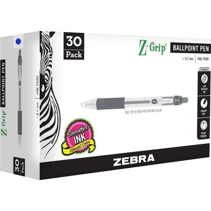 Zebra Pen Z-Grip Ballpoint Pens - Smooth 0.7mm Blue Ink - 30 Pack