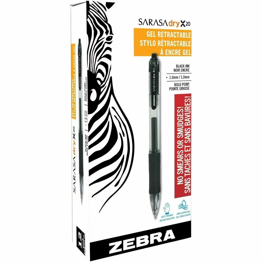 Zebra Sarasa Dry X20 Gel Pen - 1.0mm Bold Point - Retractable - Black Ink - Pens
