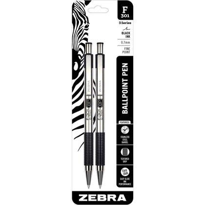 Zebra STEEL 3 Series F-301 Ballpoint Pen - Fine Point Refillable - Black Ink - Pens