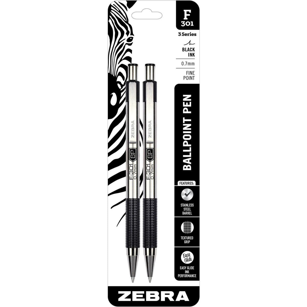 Zebra STEEL 3 Series F-301 Ballpoint Pen - Fine Point Refillable - Black Ink - Pens