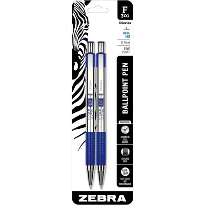Zebra STEEL 3 Series F-301 Ballpoint Pen - Fine Point Refillable - Blue Ink - Pens