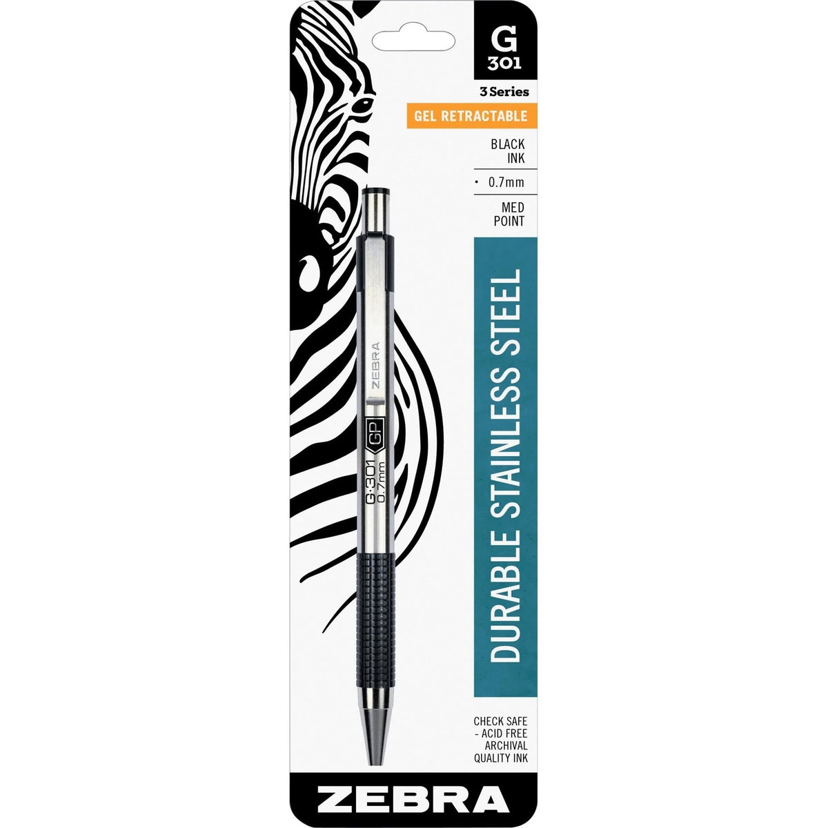 Zebra STEEL 3 Series G-301 Gel Pen - Refillable 0.7mm Black Ink - Pens