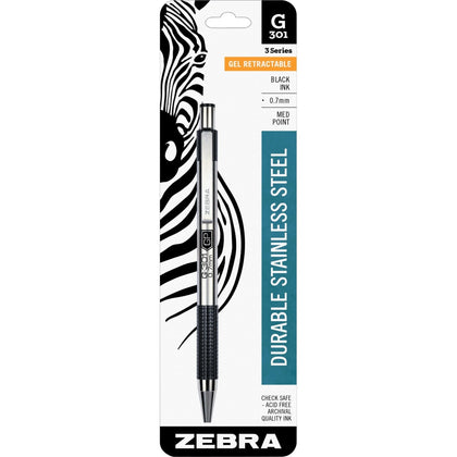 Zebra STEEL 3 Series G-301 Gel Pen - Refillable 0.7mm Black Ink - Pens