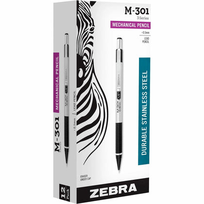 Zebra STEEL 3 Series M-301 Mechanical Pencil - 0.5mm Lead - Refillable - Black Stainless Steel Barrel - Pencils