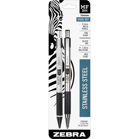 Zebra STEEL 3 Series M/F 301 Pen Set - Fine Point - 0.7mm - 0.5mm Lead - Refillable - Stainless Steel - Retractable - &