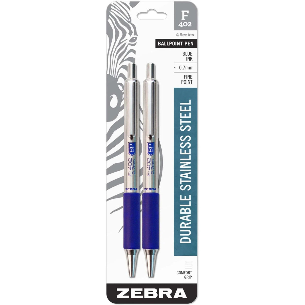 Zebra STEEL 4 Series F-402 Ballpoint Pen - Fine 0.7mm - Blue Ink - Stainless Steel Barrel - Pens