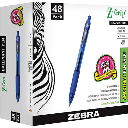 Zebra Z-Grip Ballpoint Pens - 1mm Medium Point Blue Ink - 48 Pack